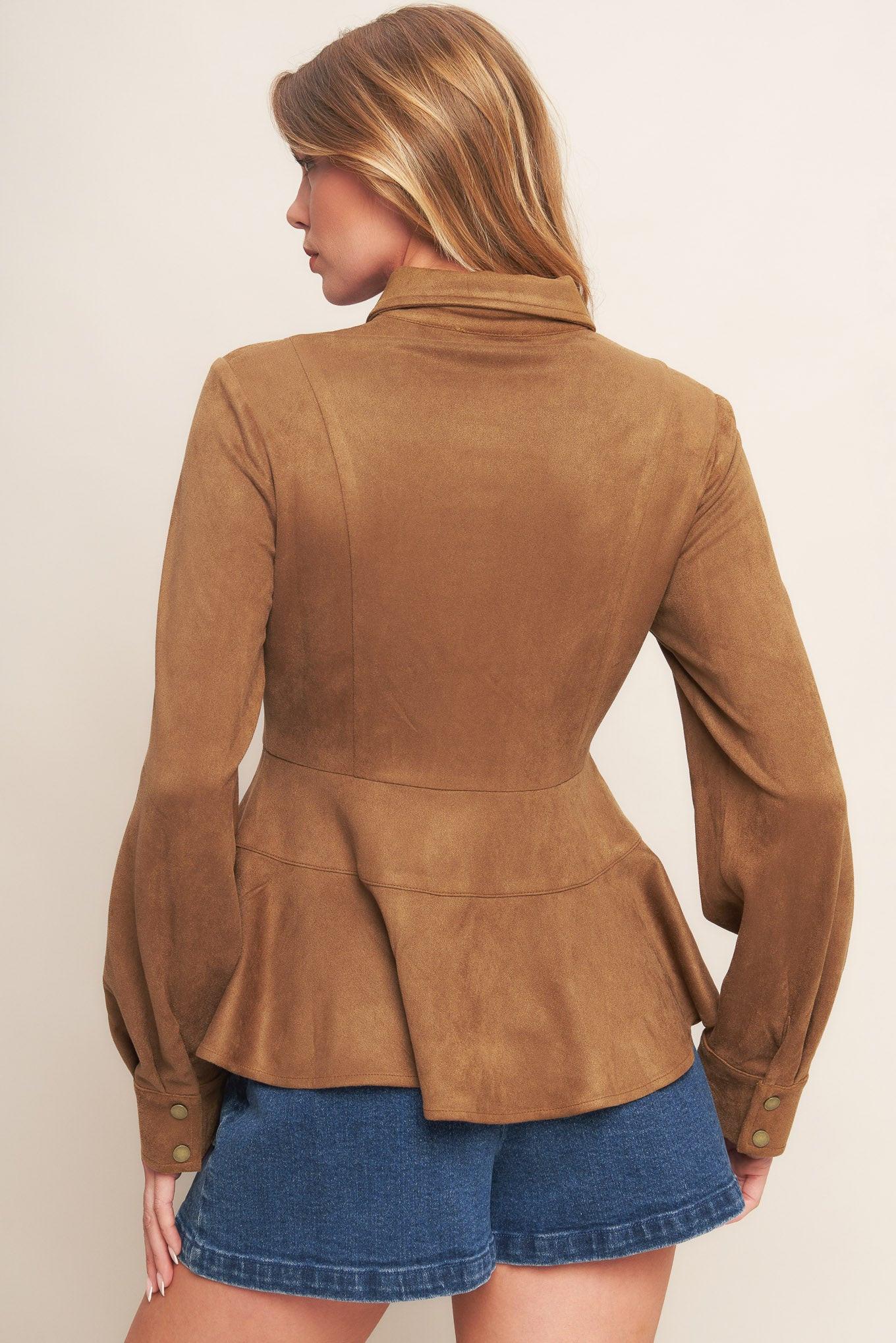 Refined Impression Faux Suede Top in caramel, view 5 — Soul Flow Apparel