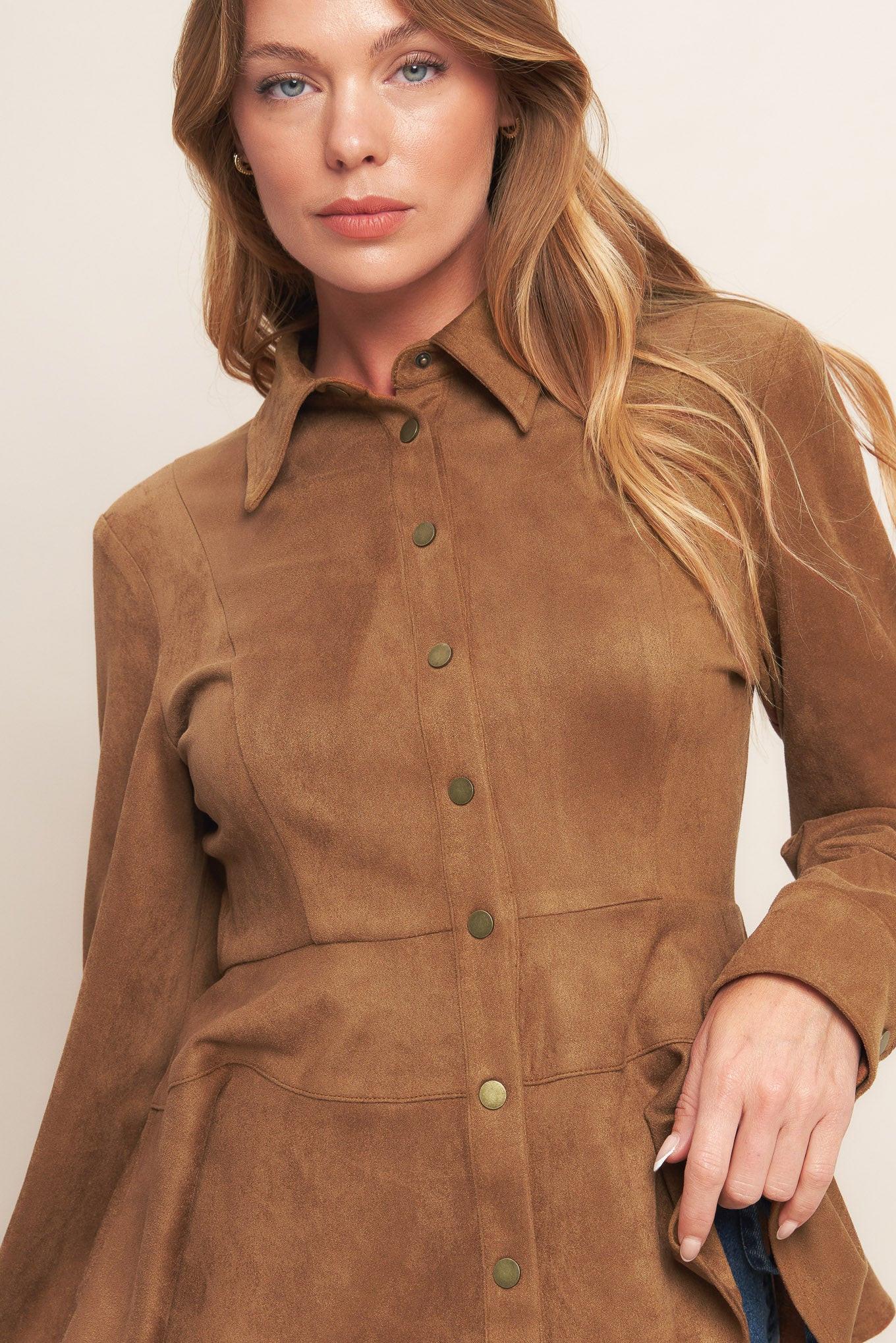 Refined Impression Faux Suede Top in caramel, view 8 — Soul Flow Apparel