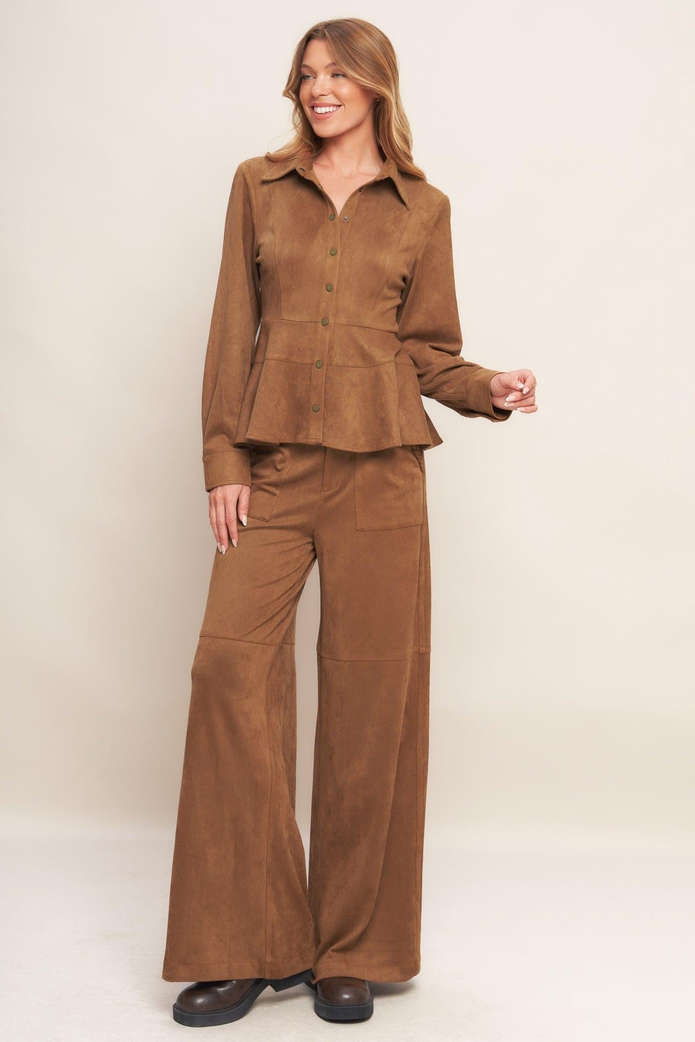 Refined Impression Faux Suede Top in caramel, view 9 — Soul Flow Apparel