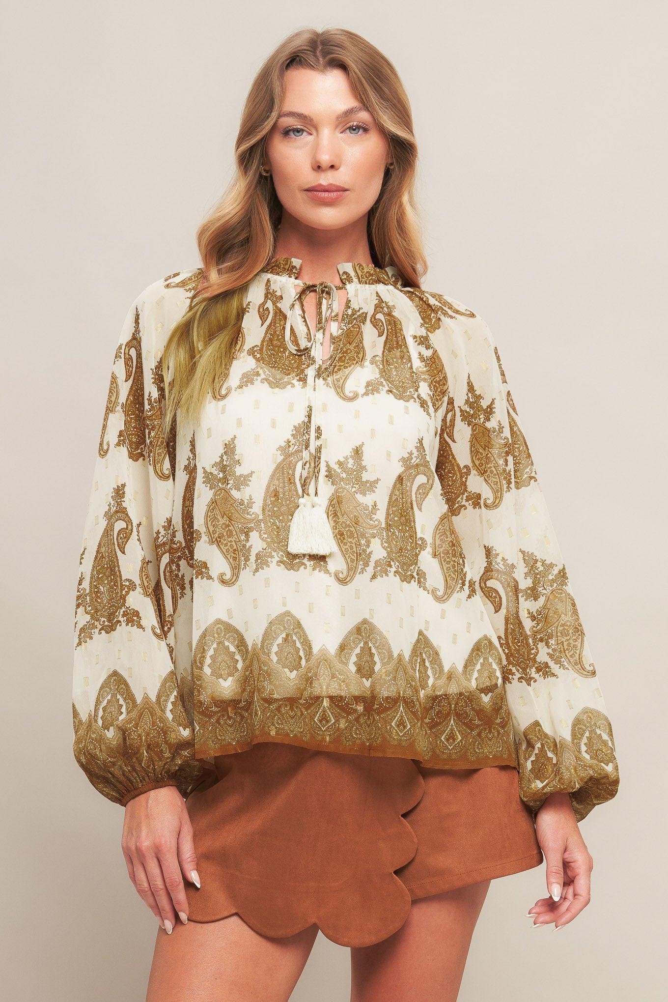 Moroccan Spice Ivory Woven Top, view 1 — Soul Flow Apparel