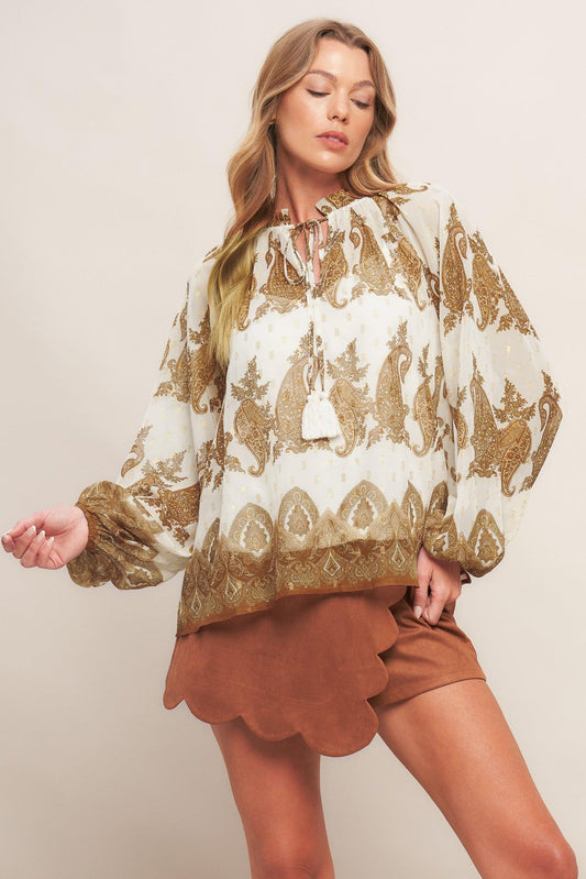 Moroccan Spice Ivory Woven Top, view 2 — Soul Flow Apparel