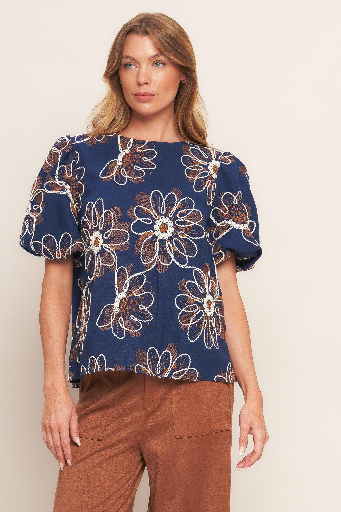 Retro Bloom Puff Sleeve Woven Top in navy, view 2 — Soul Flow Apparel