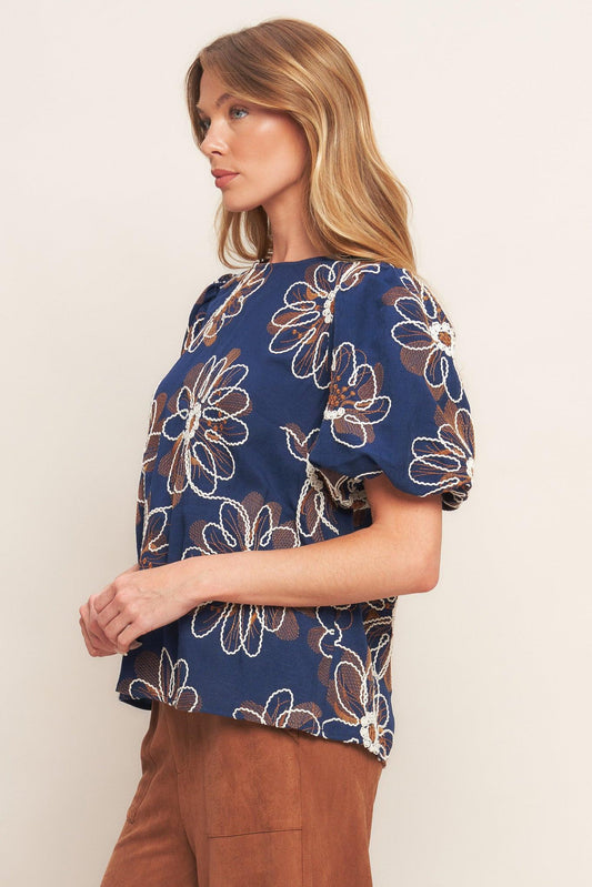 Retro Bloom Puff Sleeve Woven Top in navy, view 3 — Soul Flow Apparel