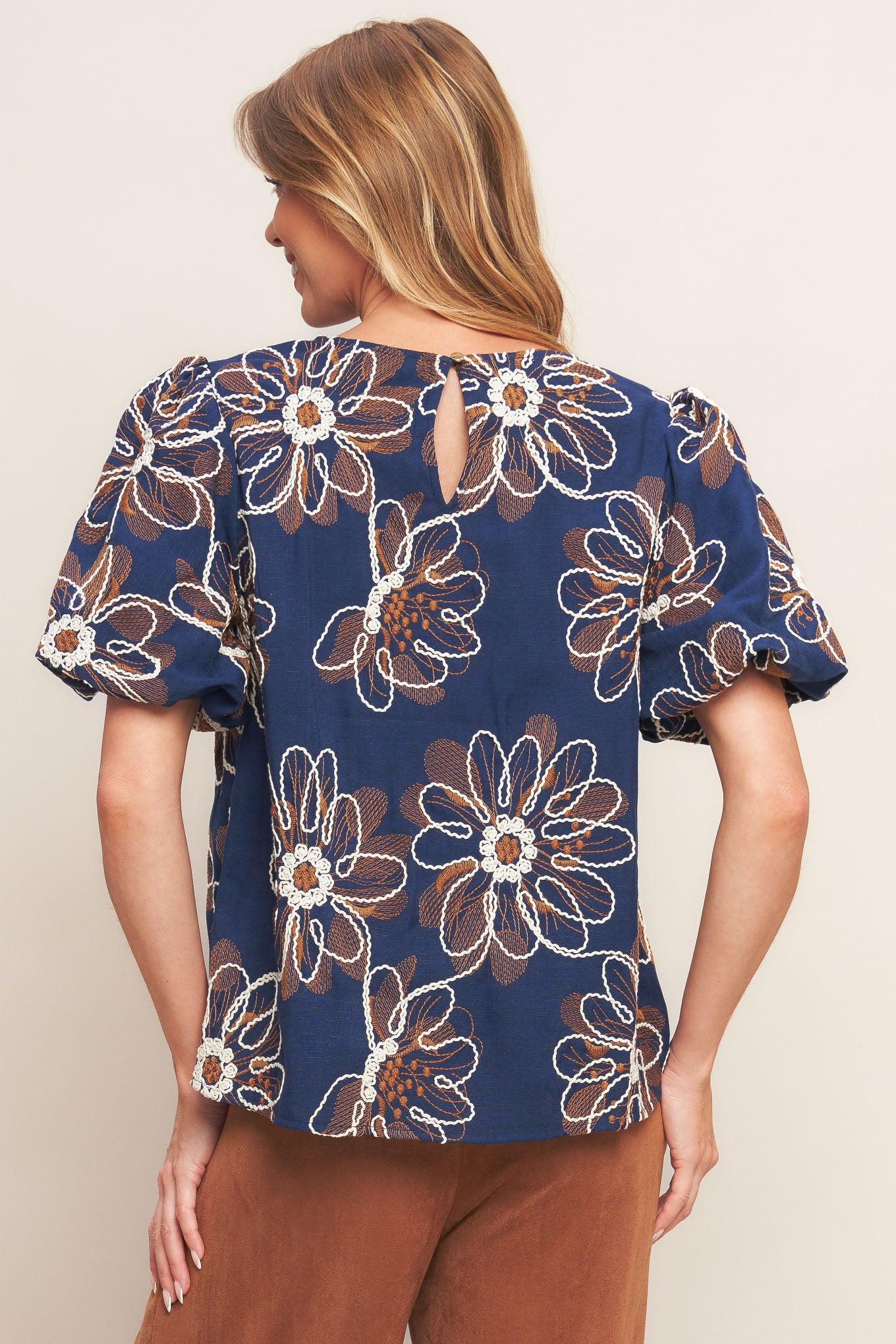 Retro Bloom Puff Sleeve Woven Top in navy, view 4 — Soul Flow Apparel