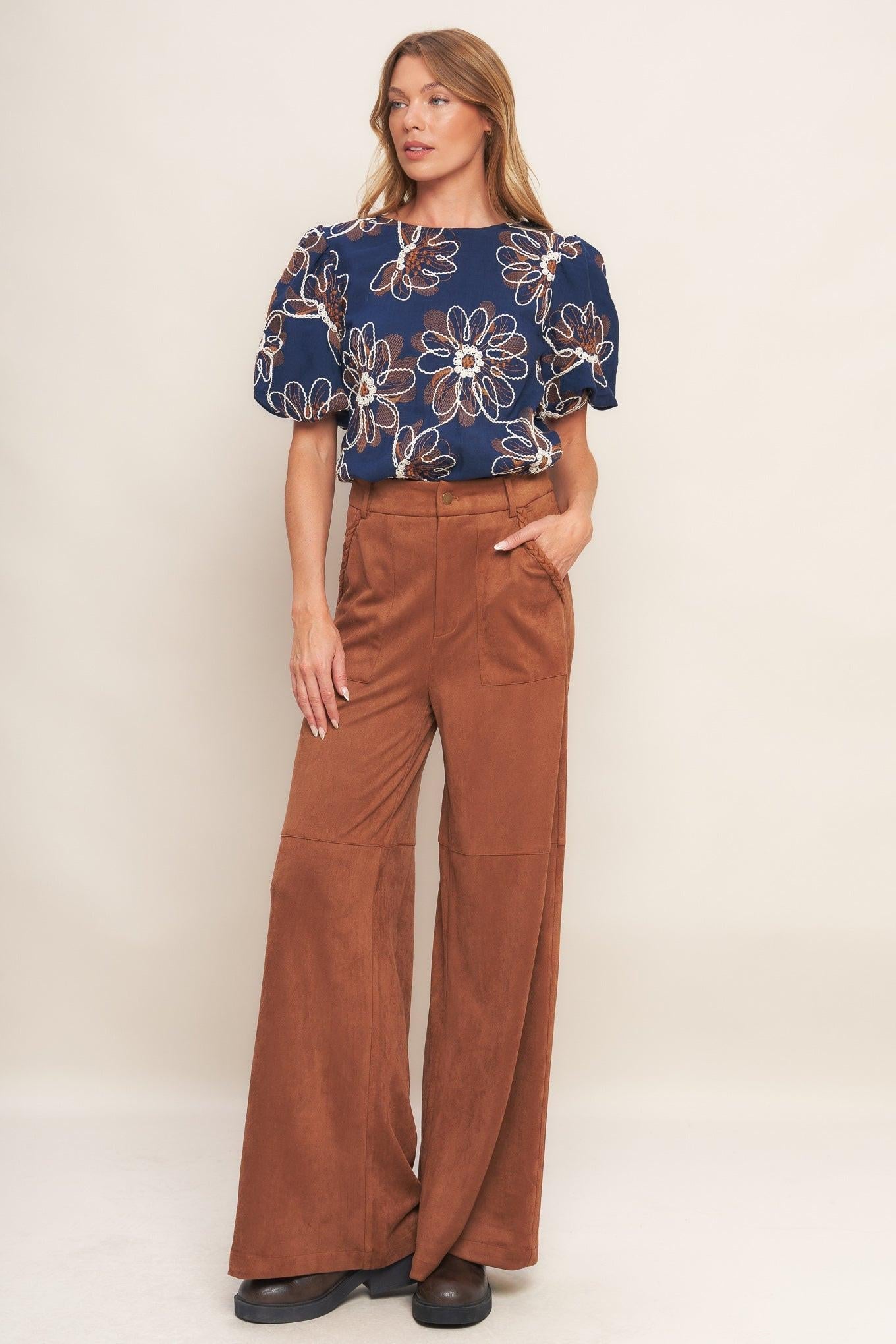 Retro Bloom Puff Sleeve Woven Top in navy, view 5 — Soul Flow Apparel