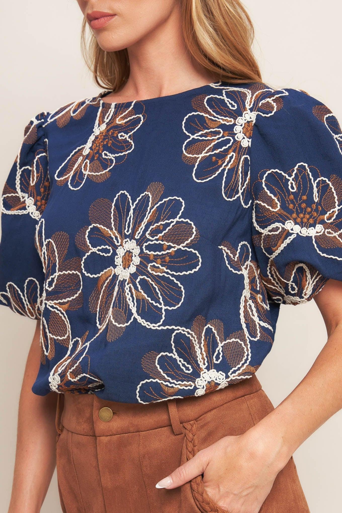 Retro Bloom Puff Sleeve Woven Top in navy, view 9 — Soul Flow Apparel