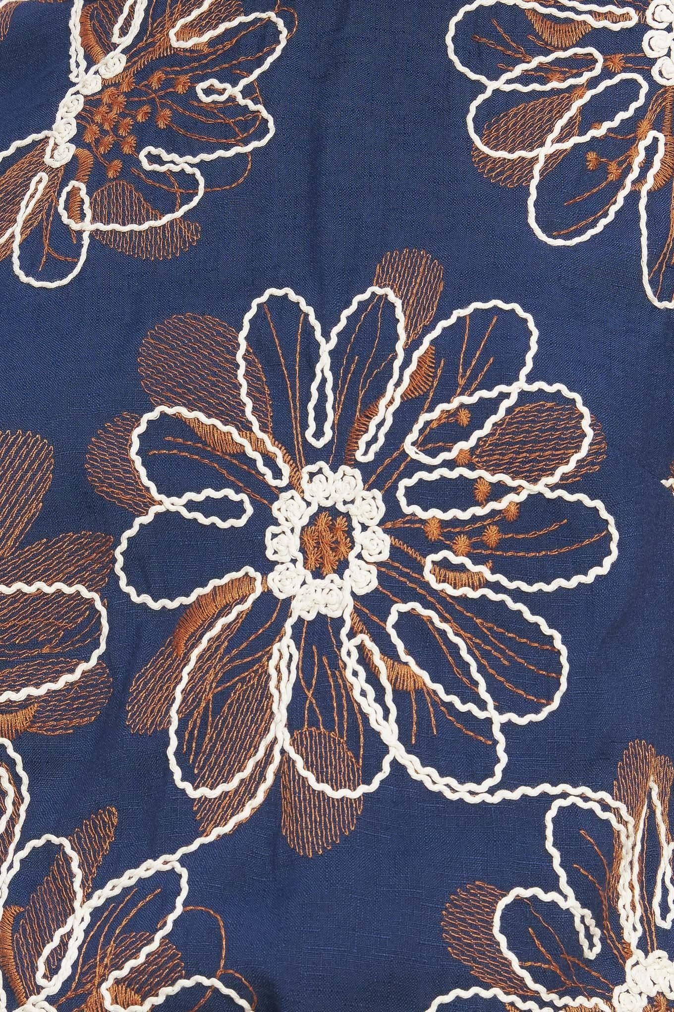 Retro Bloom Puff Sleeve Woven Top in navy, fabric swatch — Soul Flow Apparel