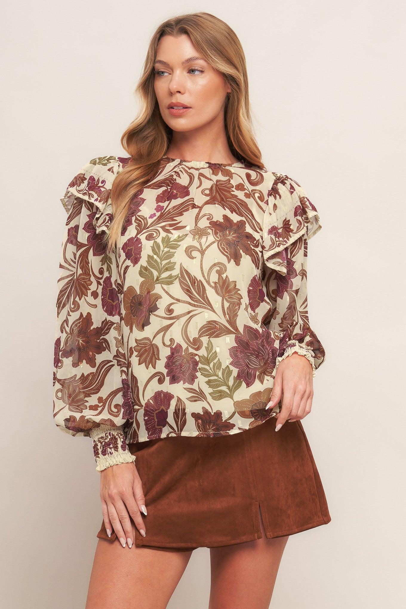Wild Botanica Ivory Woven Top, view 1 — Soul Flow Apparel