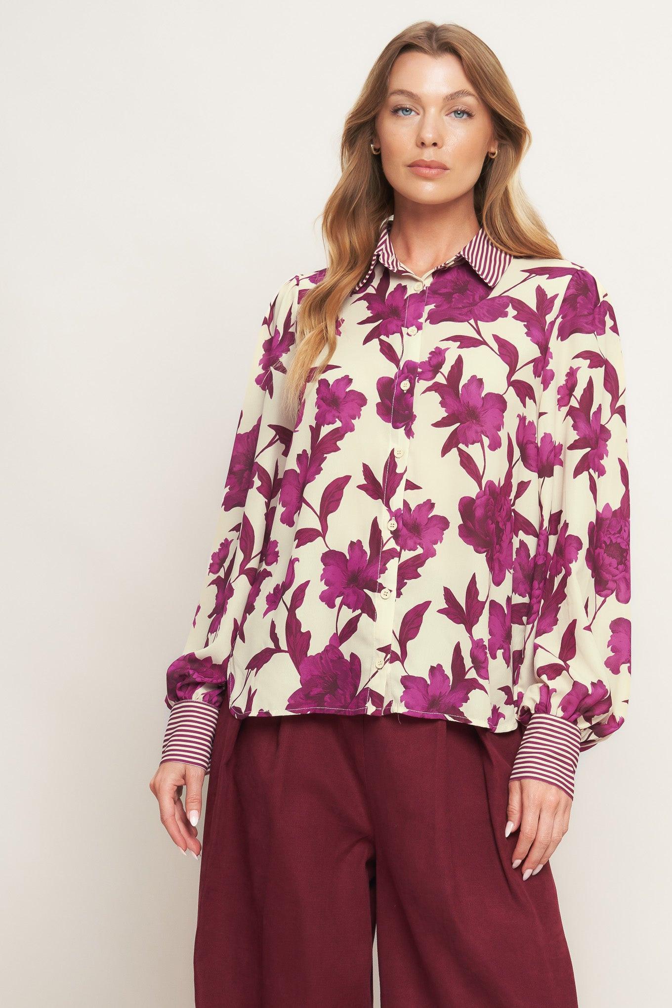 Sweet Botanical Charm Woven Top in ivory, view 1 — Soul Flow Apparel
