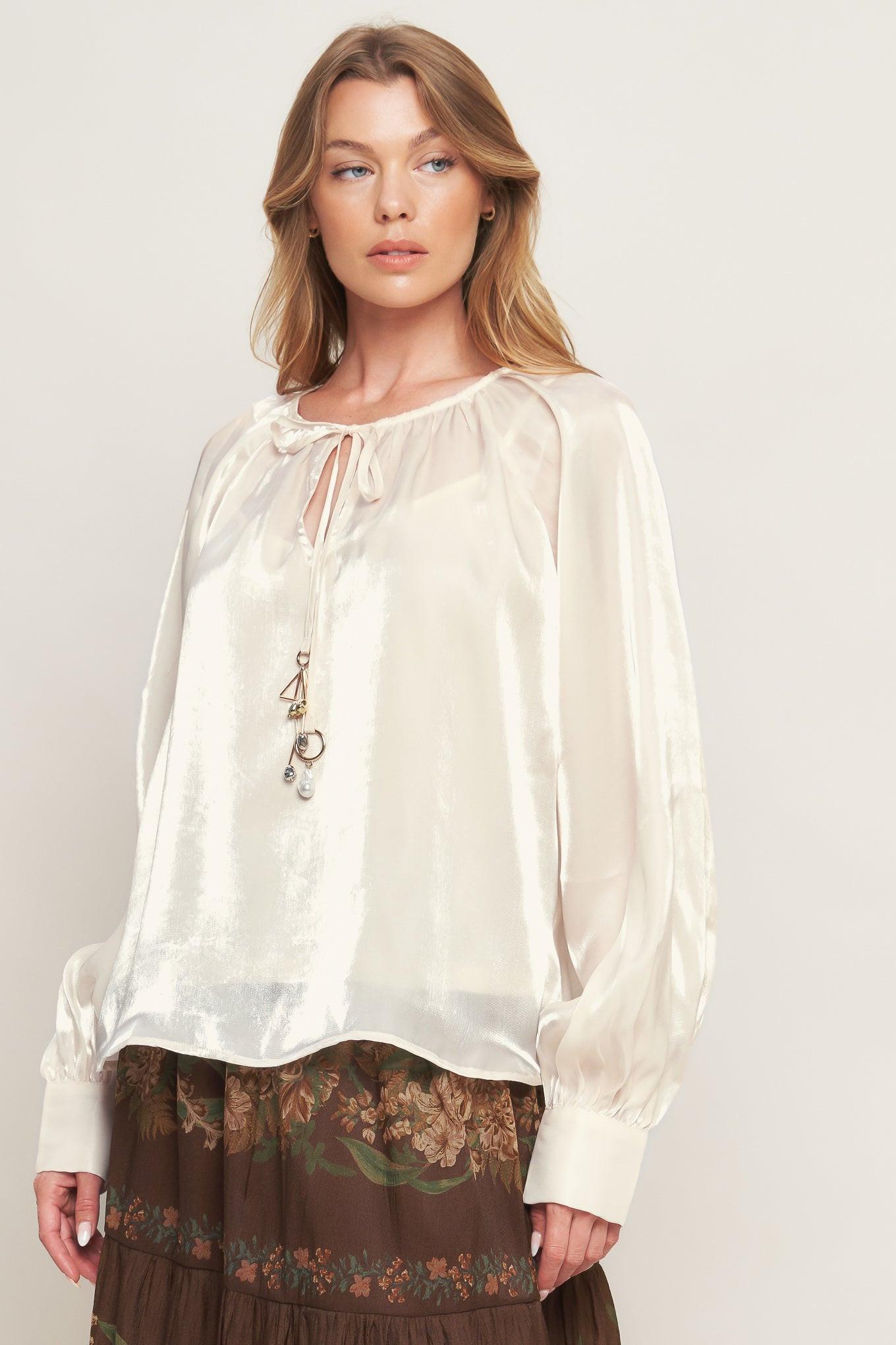 Eternal Pearl Charm Woven Peasant Top in champagne, view 1 — Soul Flow Apparel