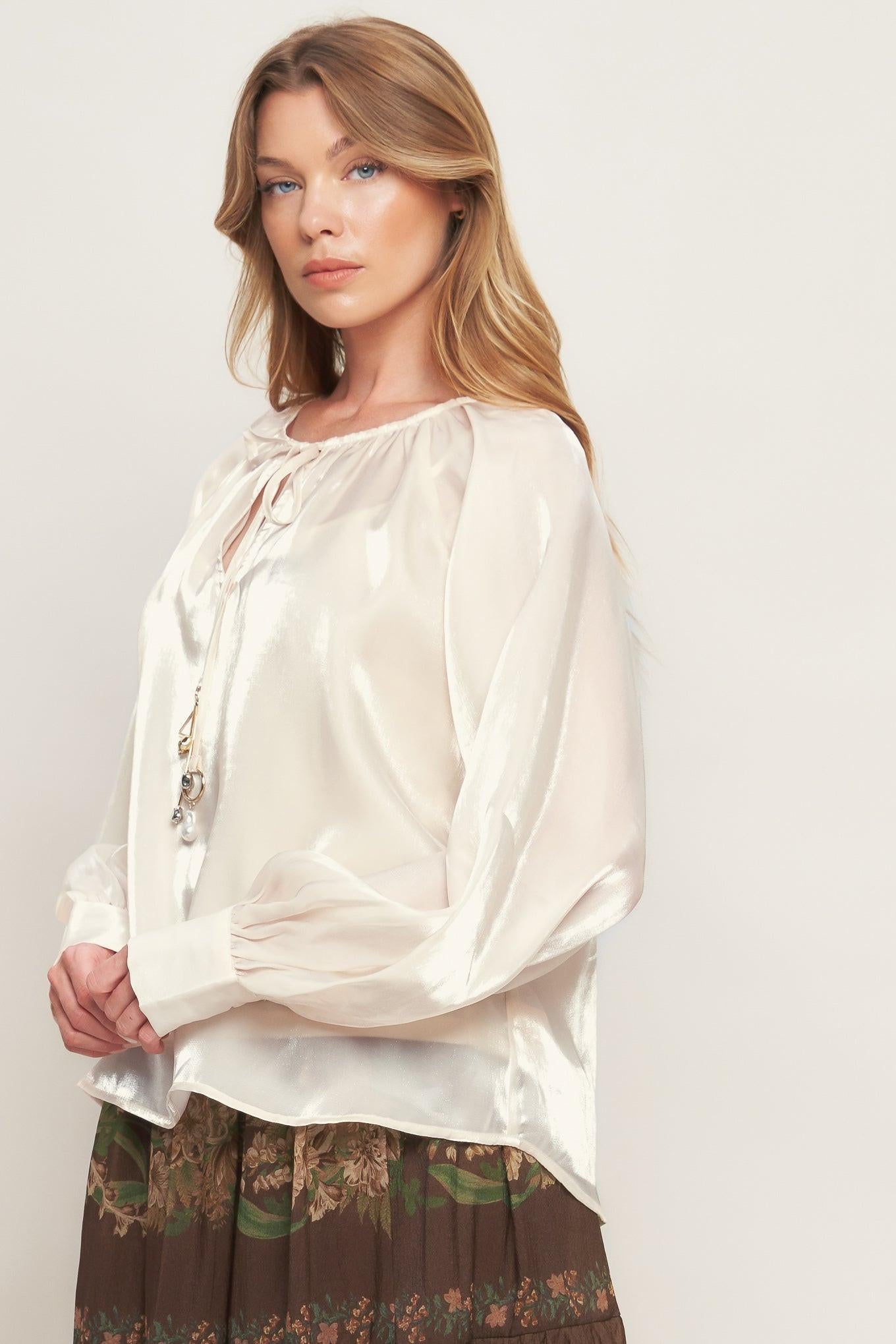 Eternal Pearl Charm Woven Peasant Top in champagne, view 6 — Soul Flow Apparel