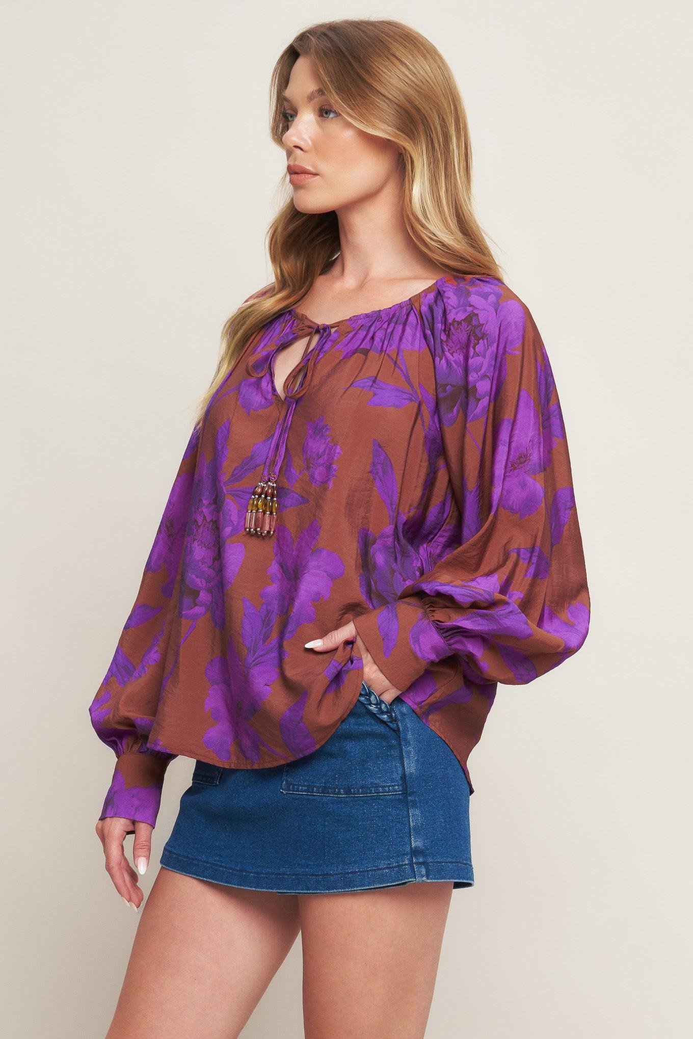 Violet Dream Woven Peasant Top in rust, view 4 — Soul Flow Apparel