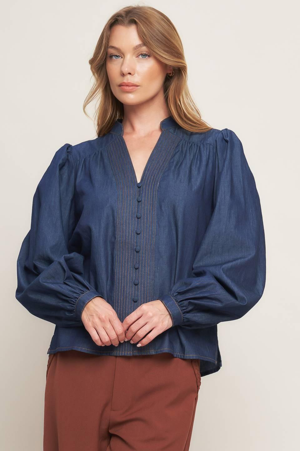 Stitch Story Lightweight Denim Top in dark indigo, view 1 — Soul Flow Apparel