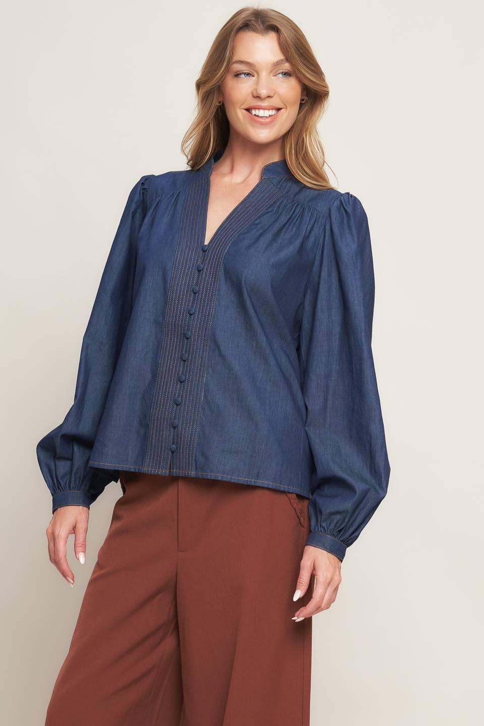 Stitch Story Lightweight Denim Top in dark indigo, view 3 — Soul Flow Apparel