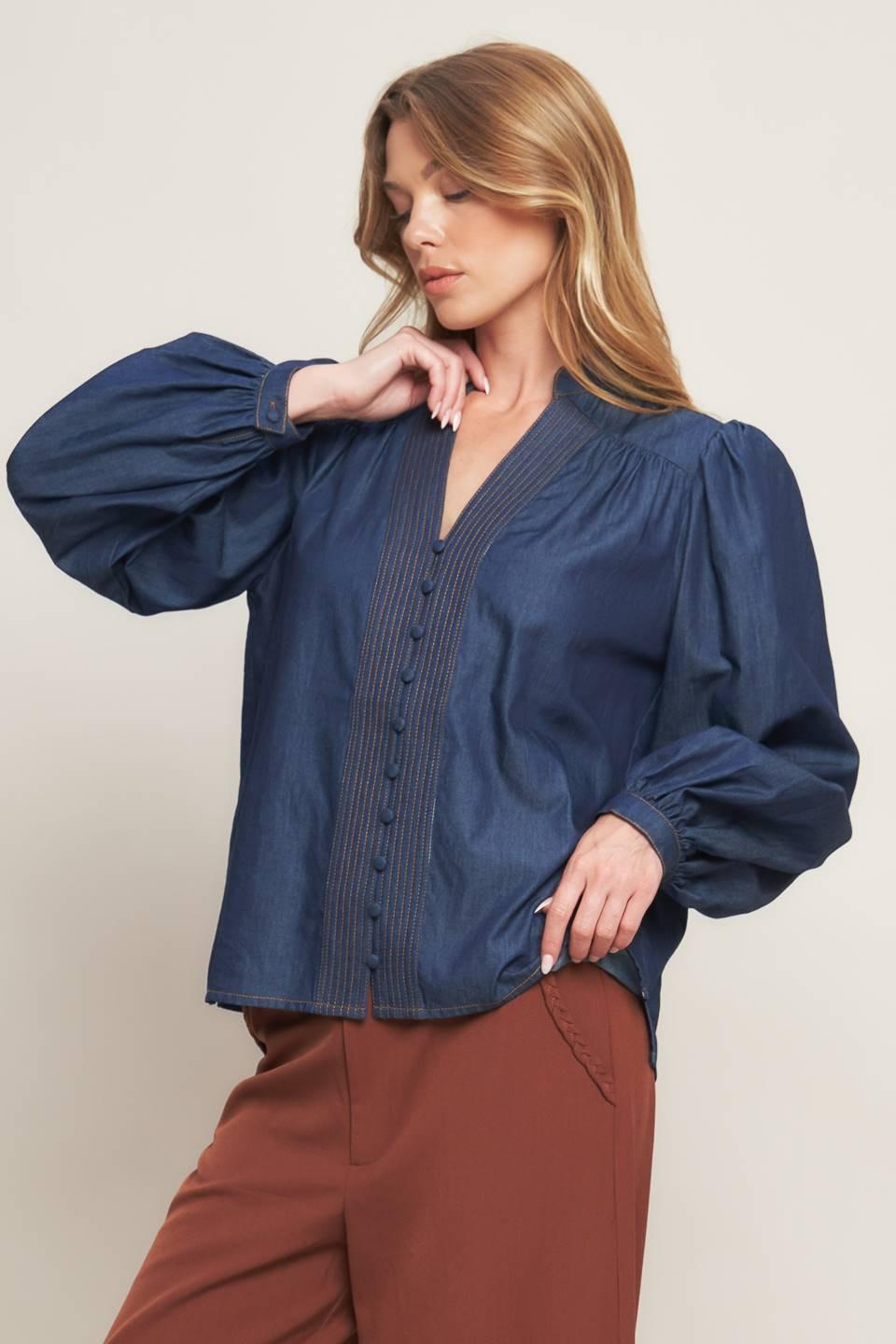 Stitch Story Lightweight Denim Top in dark indigo, view 4 — Soul Flow Apparel
