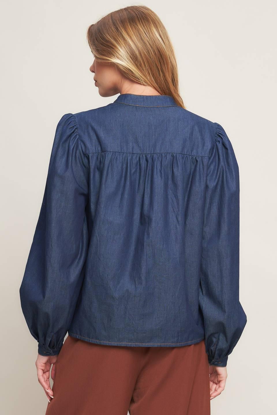 Stitch Story Lightweight Denim Top in dark indigo, view 5 — Soul Flow Apparel