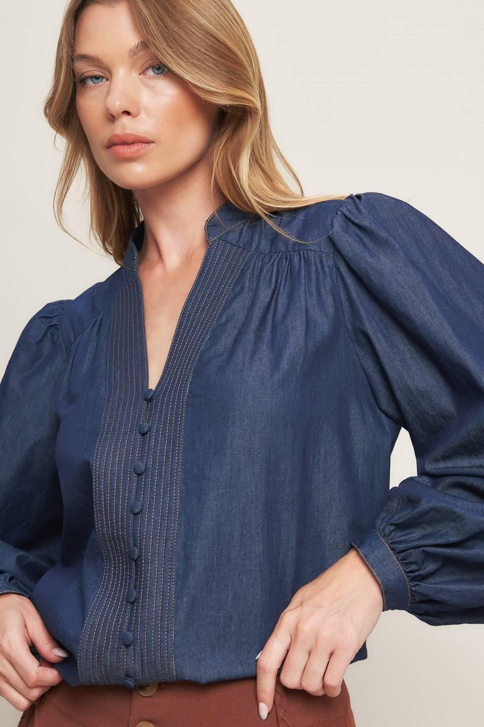 Stitch Story Lightweight Denim Top in dark indigo, view 6 — Soul Flow Apparel