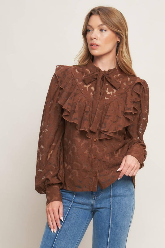 Romantic Shade Woven Lace Top in brown, view 1 — Soul Flow Apparel
