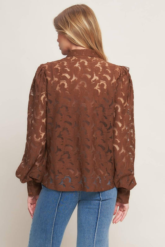 Romantic Shade Woven Lace Top in brown, view 7 — Soul Flow Apparel