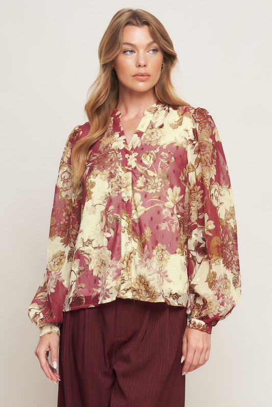 Chateau Floral Woven Top in ivory wine, view 1 — Soul Flow Apparel