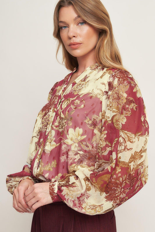 Chateau Floral Woven Top in ivory wine, view 6 — Soul Flow Apparel