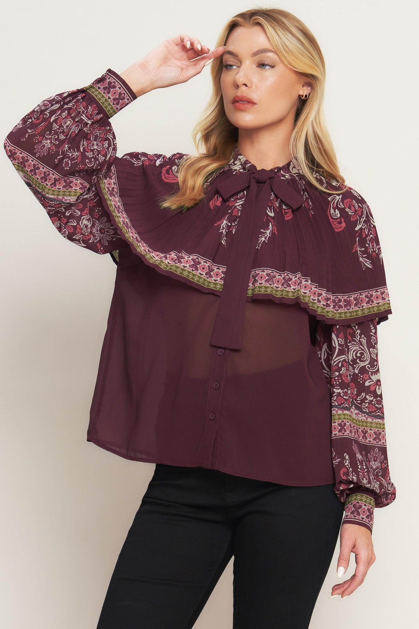 Aztec Cherry Woven Top in burgundy, view 1 — Soul Flow Apparel