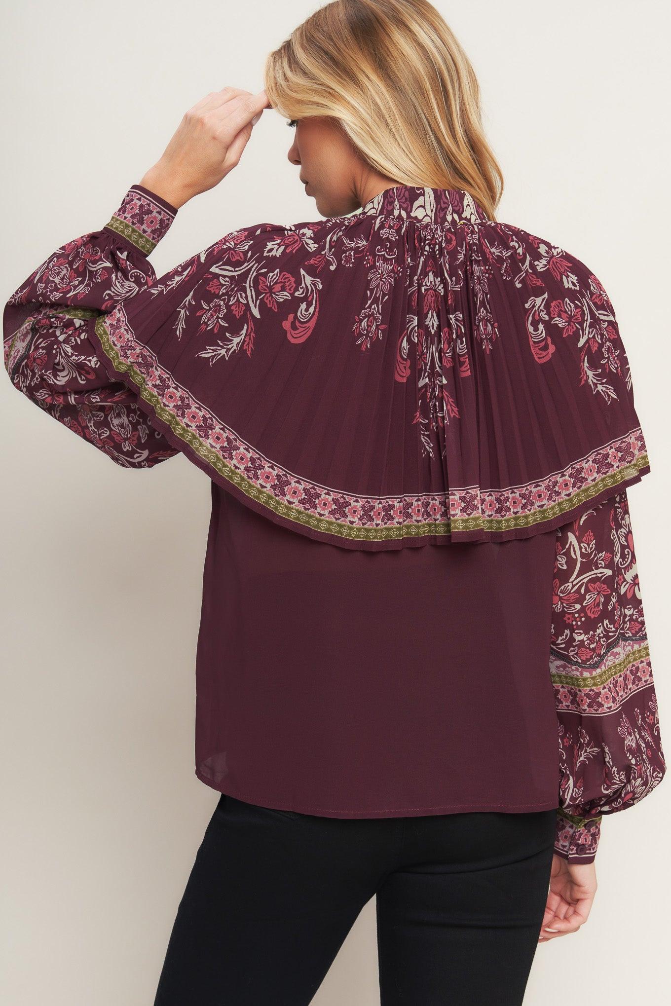 Aztec Cherry Woven Top in burgundy, view 3 — Soul Flow Apparel