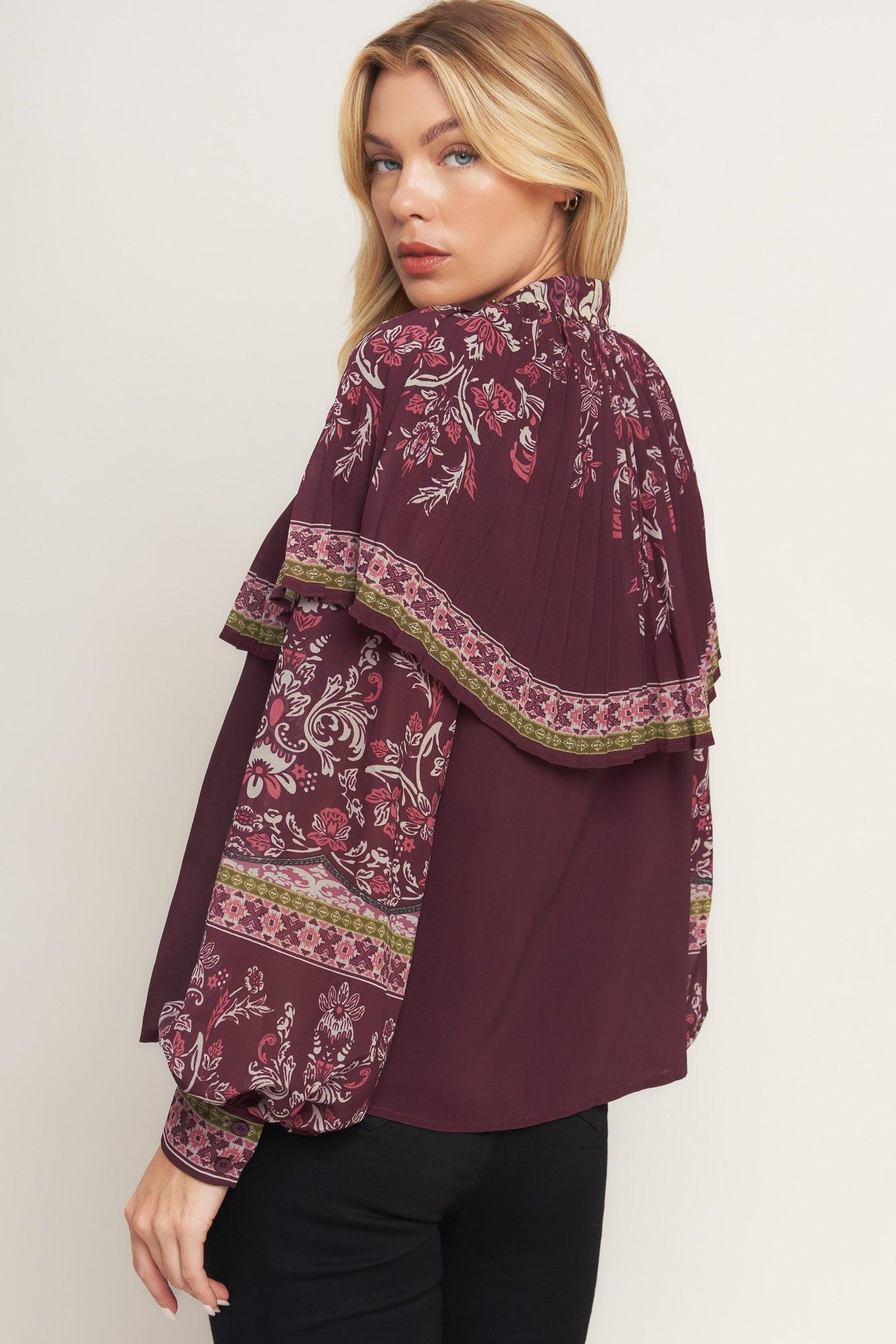 Aztec Cherry Woven Top in burgundy, view 4 — Soul Flow Apparel