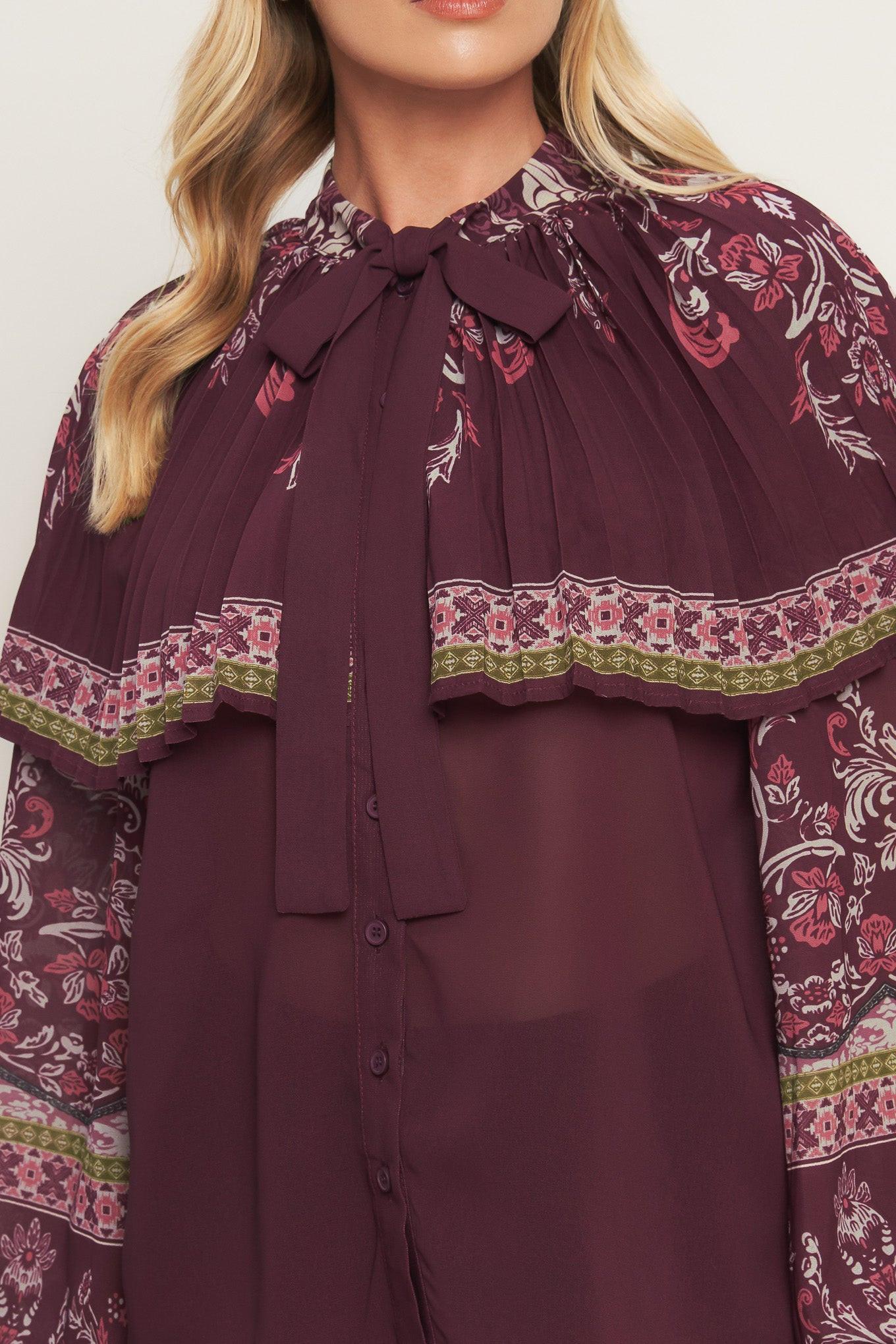 Aztec Cherry Woven Top in burgundy, view 5 — Soul Flow Apparel