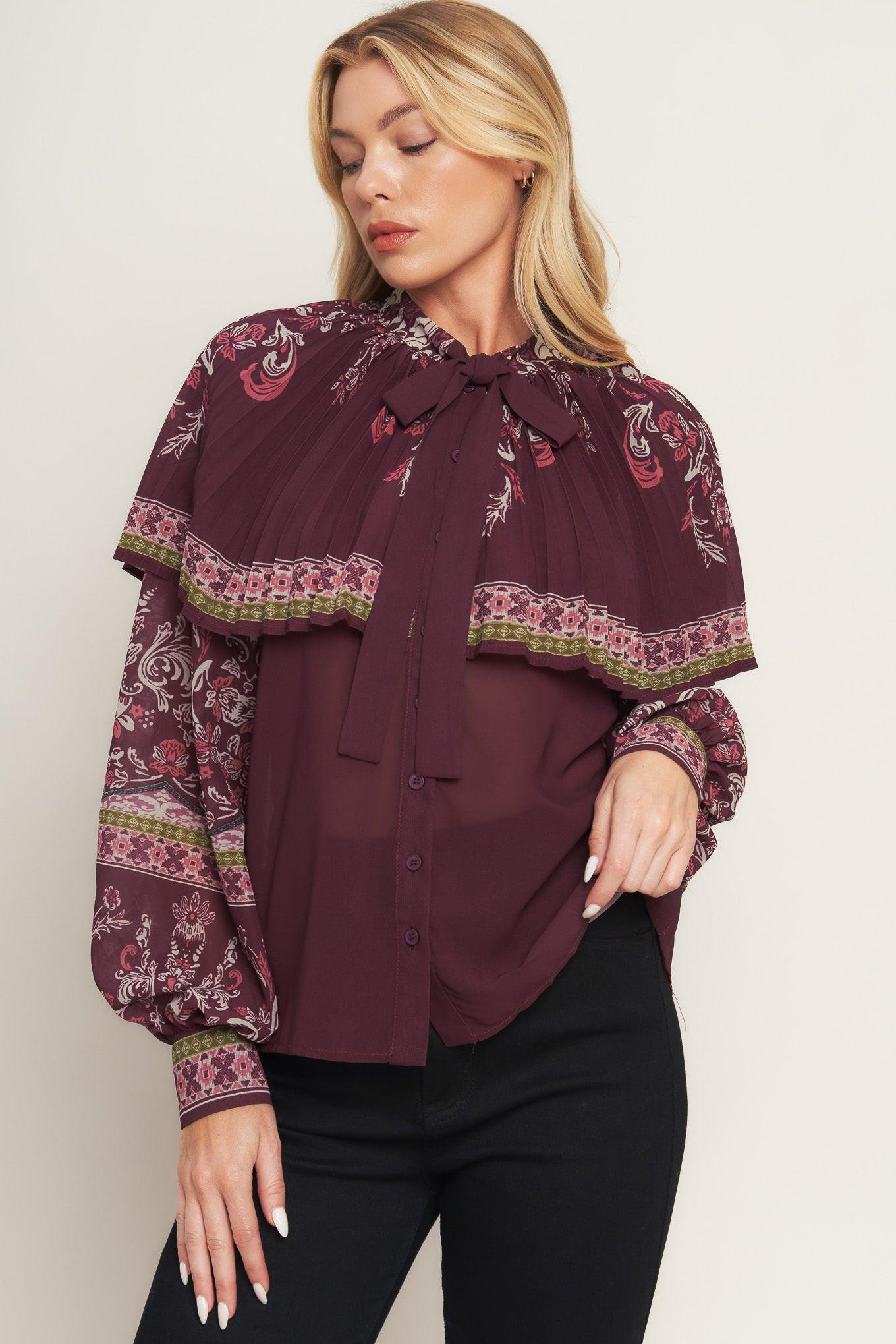 Aztec Cherry Woven Top in burgundy, view 6 — Soul Flow Apparel
