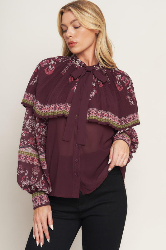 Aztec Cherry Woven Top in burgundy, view 6 — Soul Flow Apparel