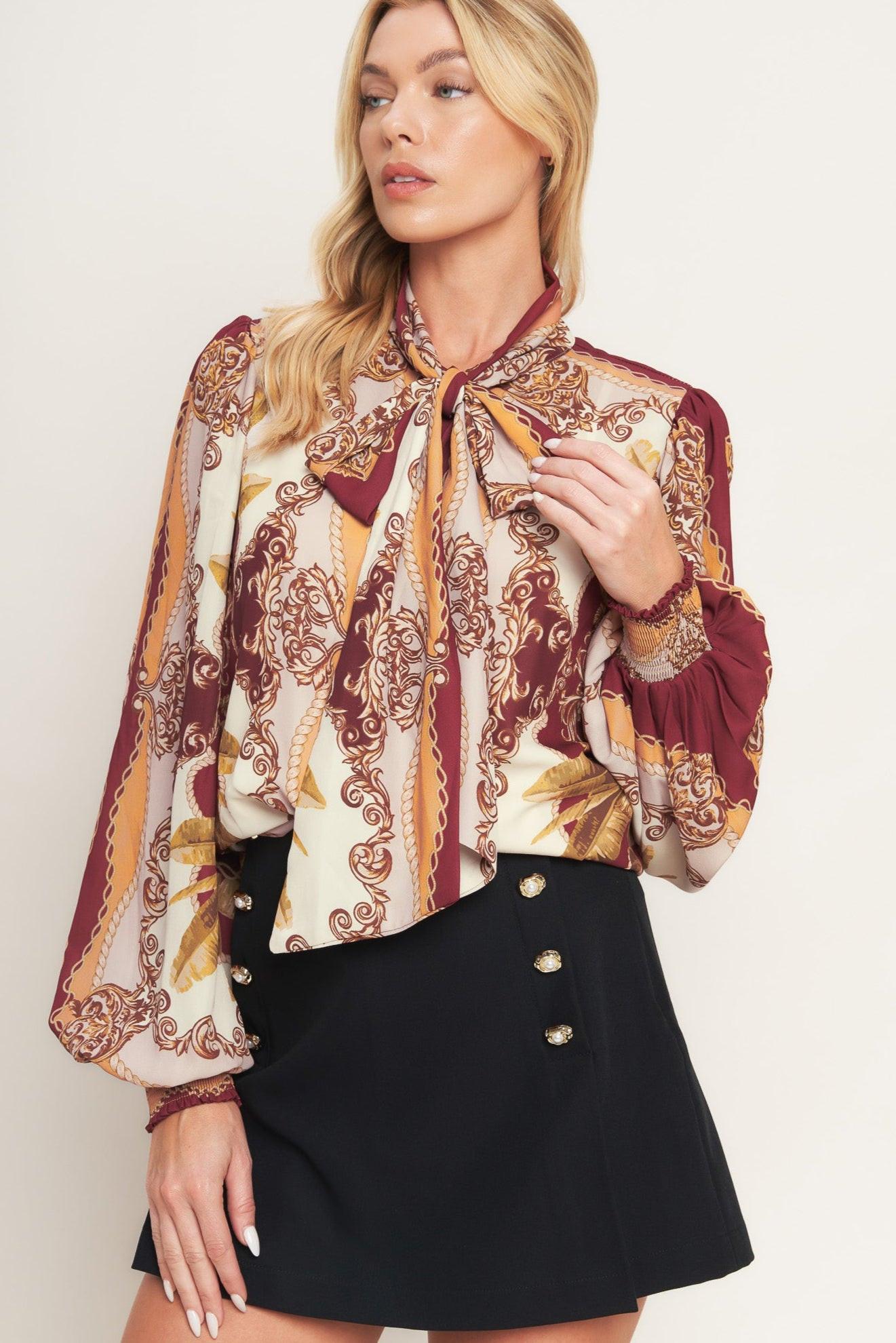 Renaissance Dream Woven Top in burgundy taupe, view 4 — Soul Flow Apparel