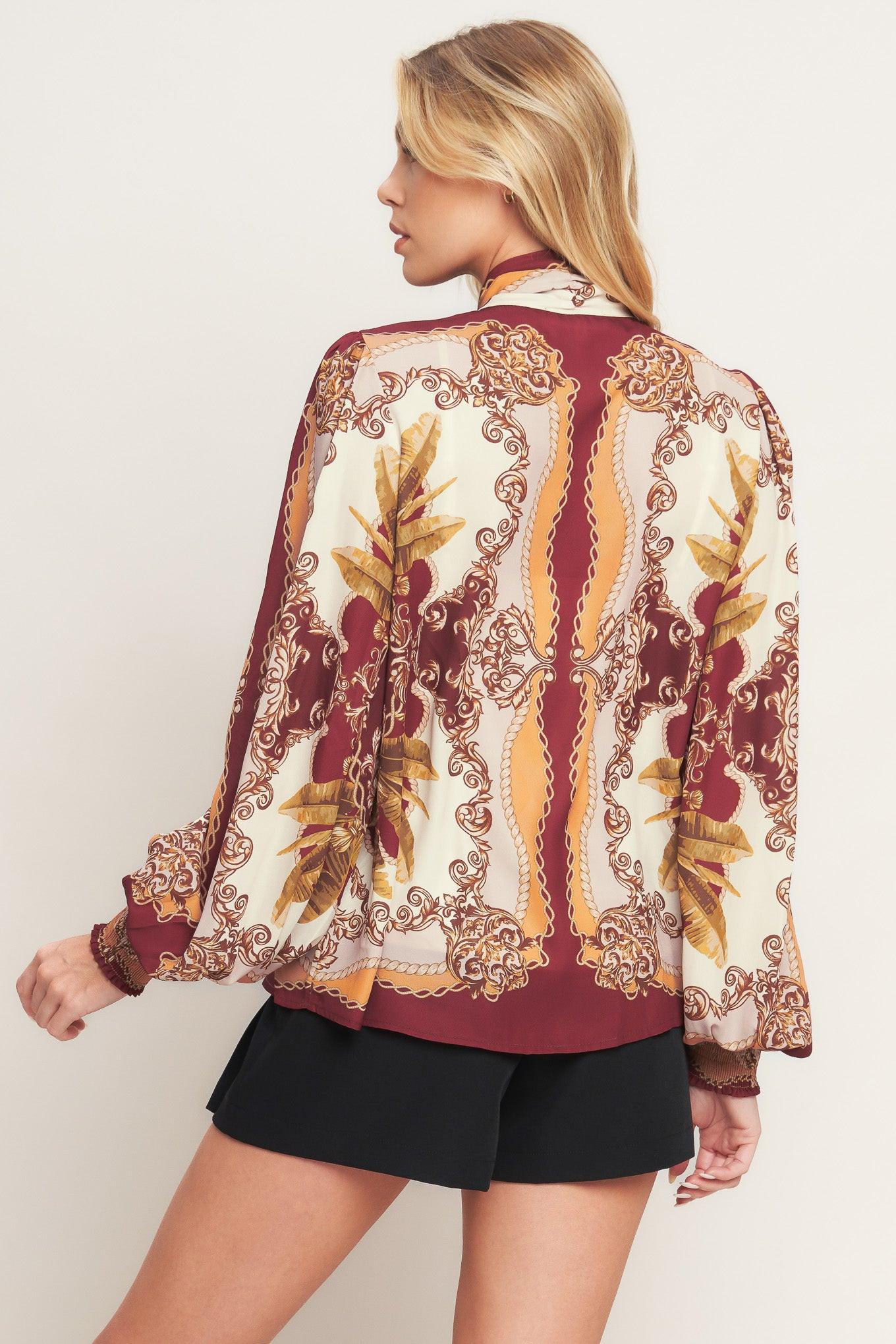 Renaissance Dream Woven Top in burgundy taupe, view 5 — Soul Flow Apparel