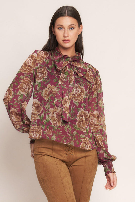 Whispering Garden Woven Top in burgundy, view 1 — Soul Flow Apparel