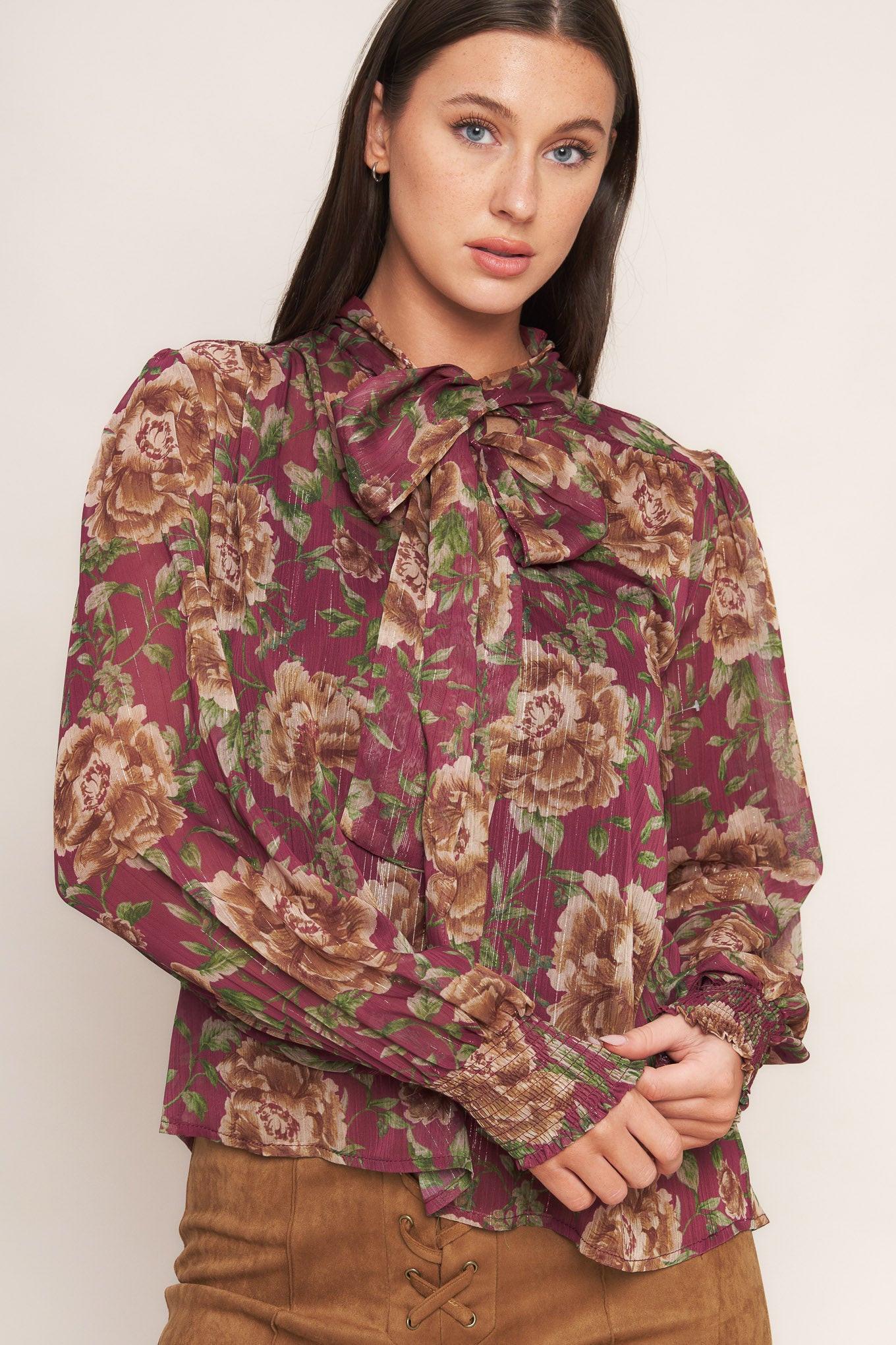 Whispering Garden Woven Top in burgundy, view 3 — Soul Flow Apparel