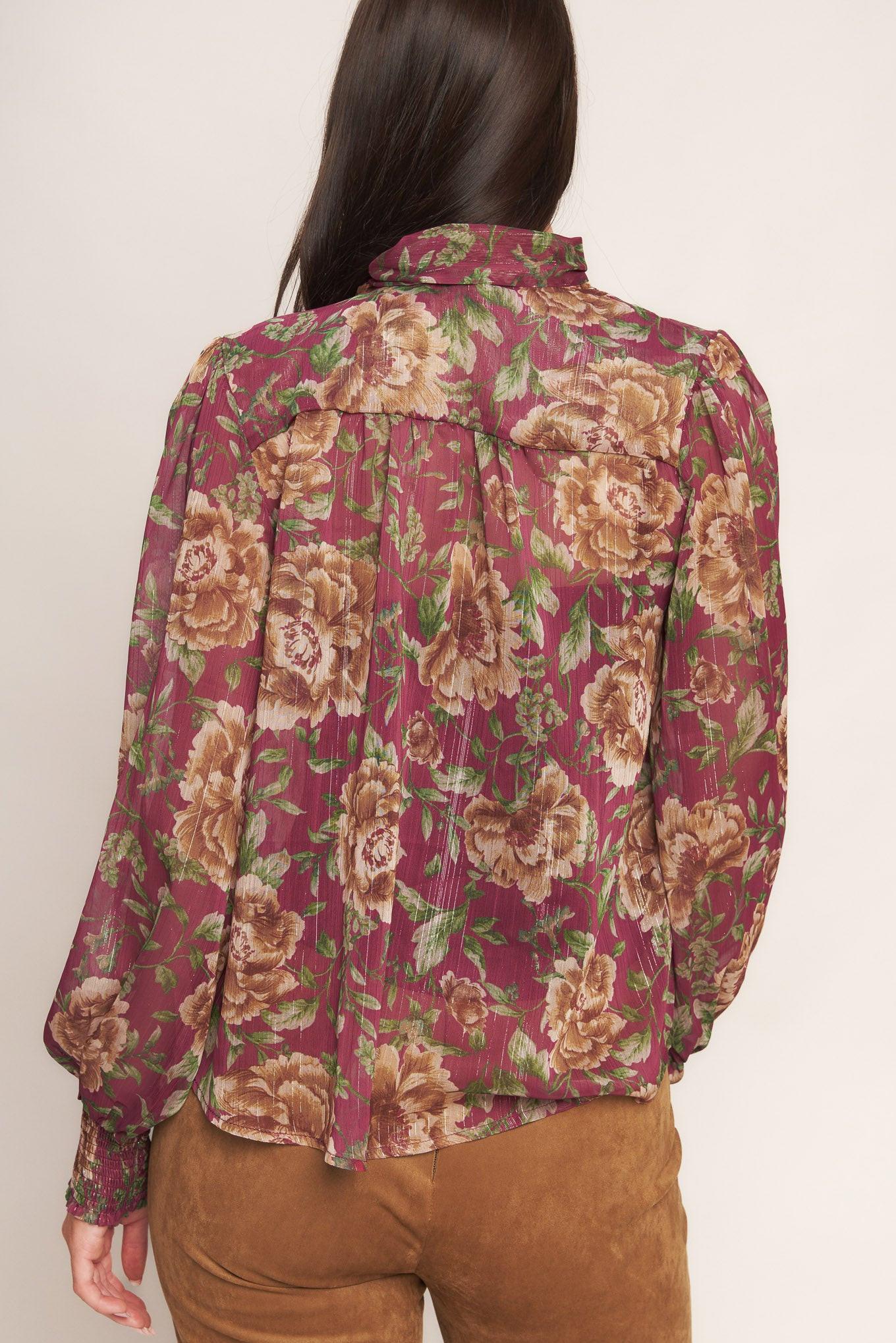 Whispering Garden Woven Top in burgundy, view 4 — Soul Flow Apparel