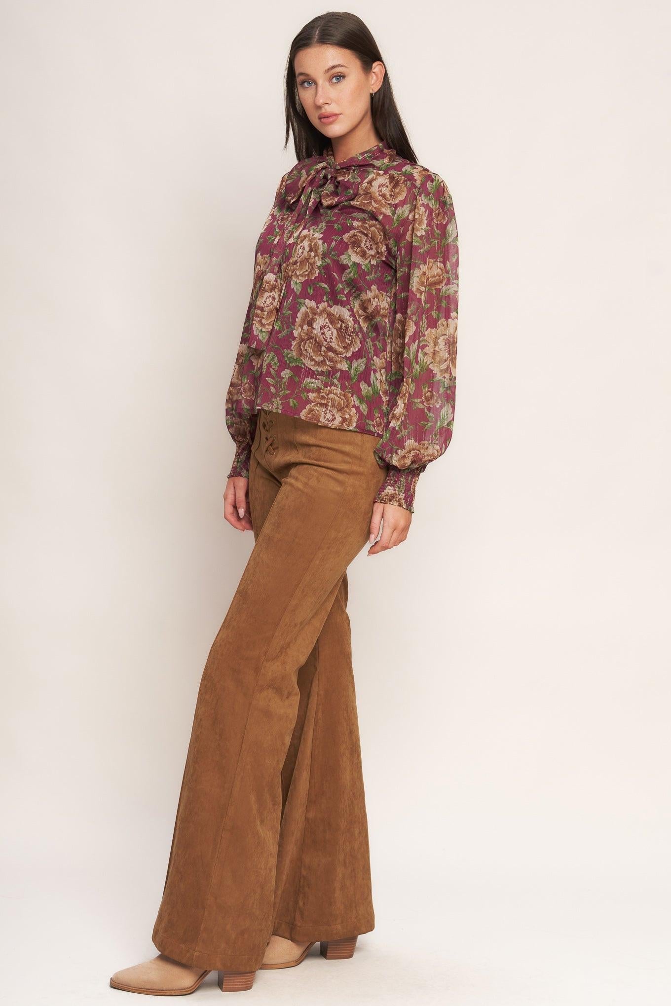 Whispering Garden Woven Top in burgundy, view 5 — Soul Flow Apparel