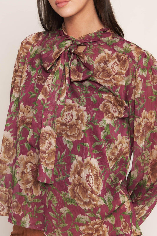 Whispering Garden Woven Top in burgundy, view 6 — Soul Flow Apparel