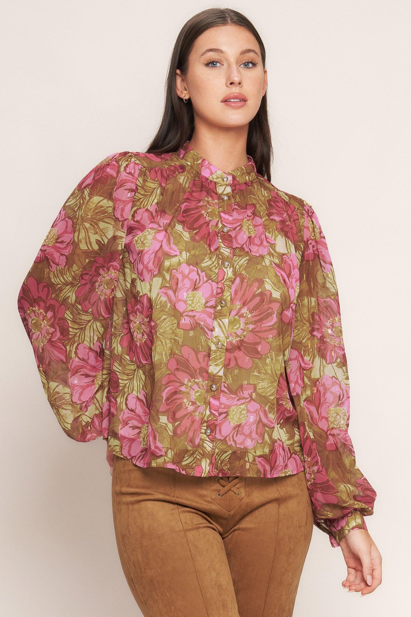 Secret Petals Woven Top in brown, view 1 — Soul Flow Apparel