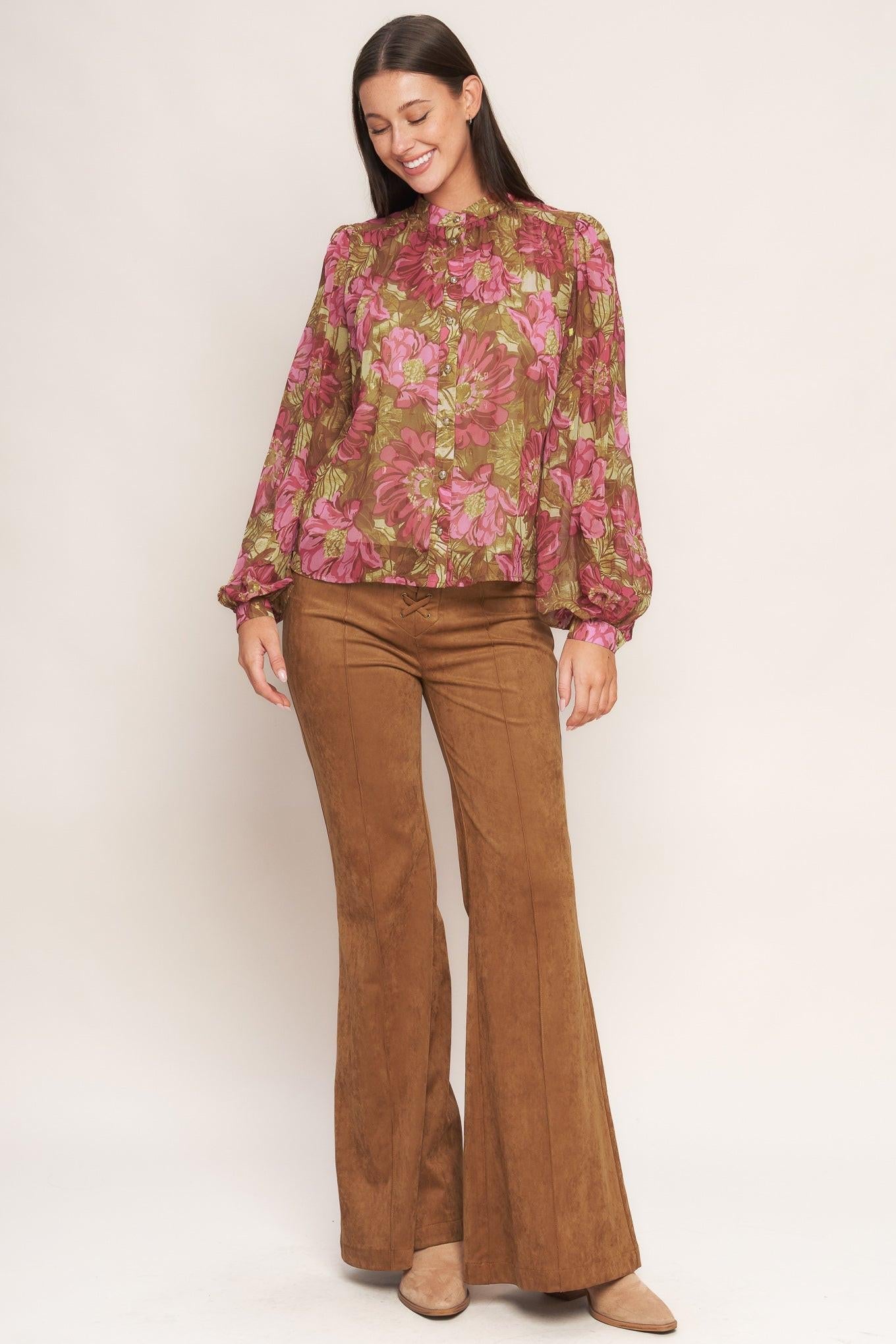 Secret Petals Woven Top in brown, view 3 — Soul Flow Apparel