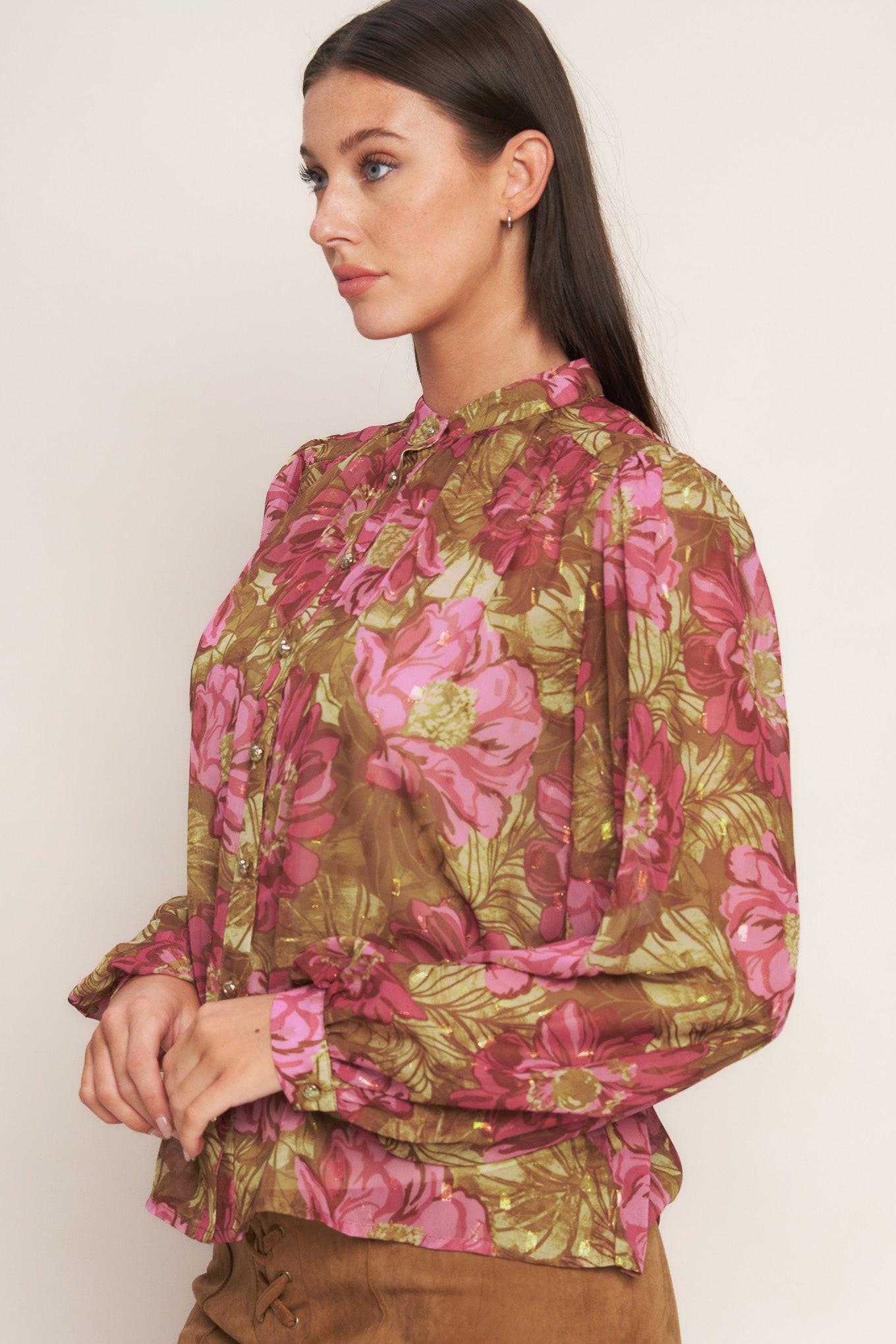 Secret Petals Woven Top in brown, view 4 — Soul Flow Apparel