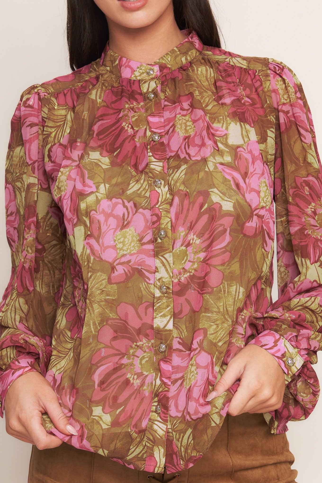 Secret Petals Woven Top in brown, view 6 — Soul Flow Apparel