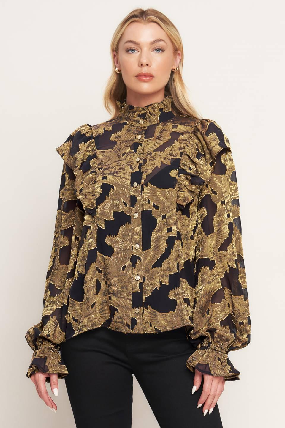 Shadow Glint Woven Top in black, view 1 — Soul Flow Apparel