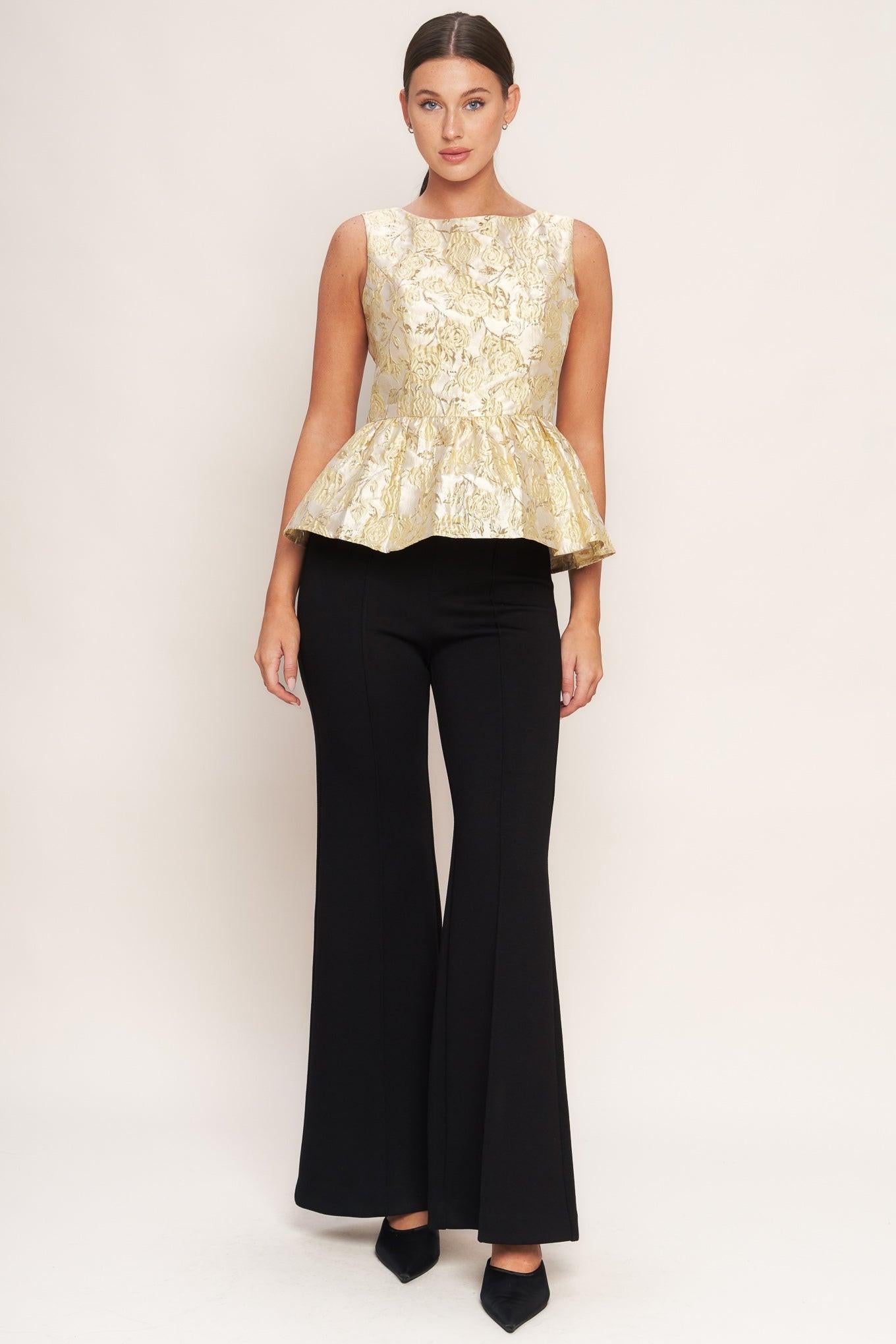 Candlelight Bloom Jacquard Woven Top in gold, view 2 — Soul Flow Apparel