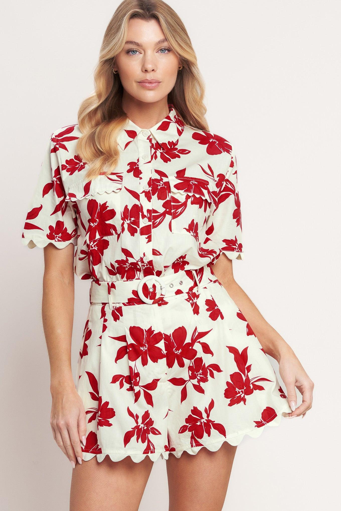 Floral Kiss Woven Top in off-white red, view 1 — Soul Flow Apparel