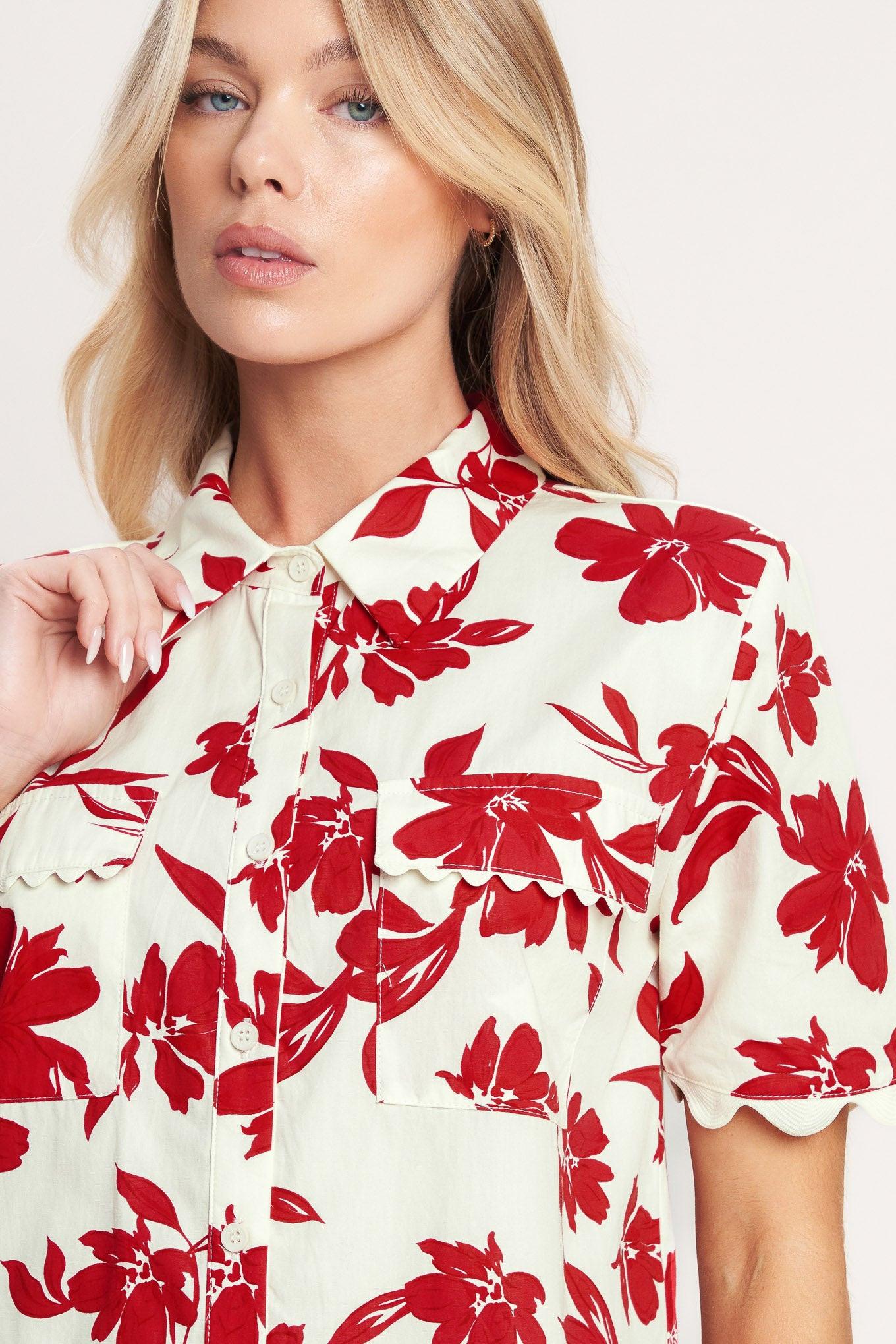 Floral Kiss Woven Top in off-white red, view 2 — Soul Flow Apparel