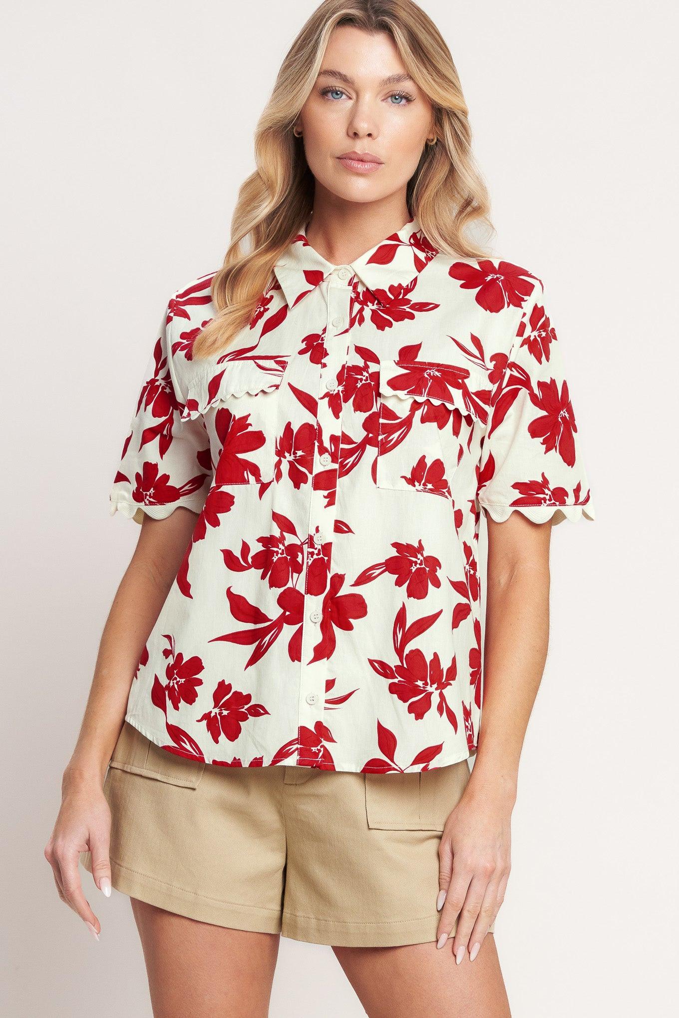 Floral Kiss Woven Top in off-white red, view 3 — Soul Flow Apparel