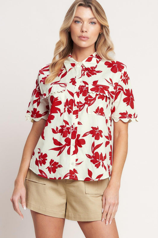 Floral Kiss Woven Top in off-white red, view 3 — Soul Flow Apparel