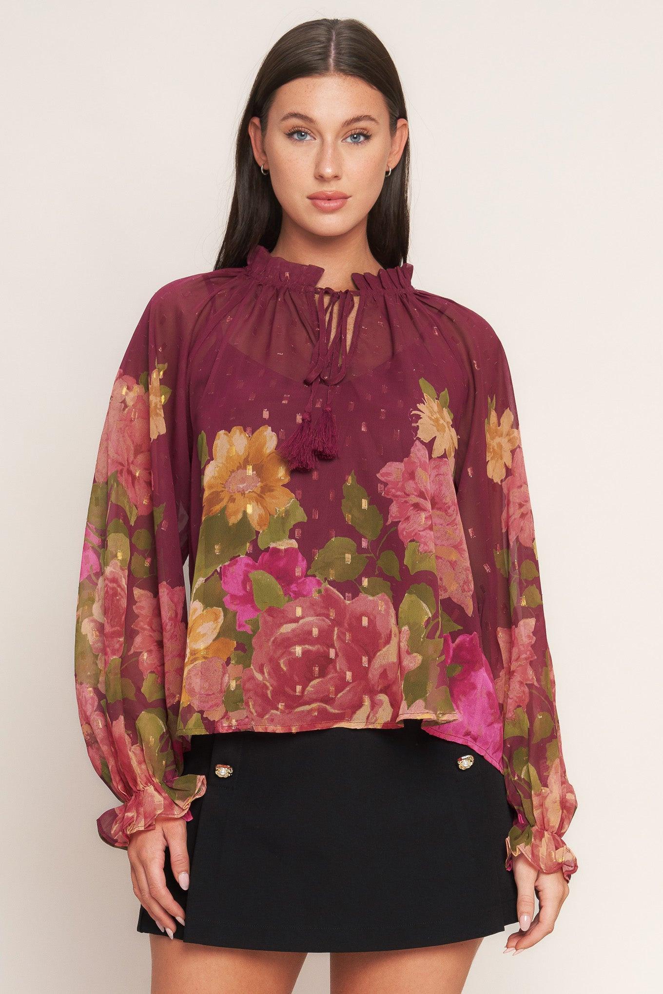 Flora Romantica Woven Top in burgundy, view 1 — Soul Flow Apparel