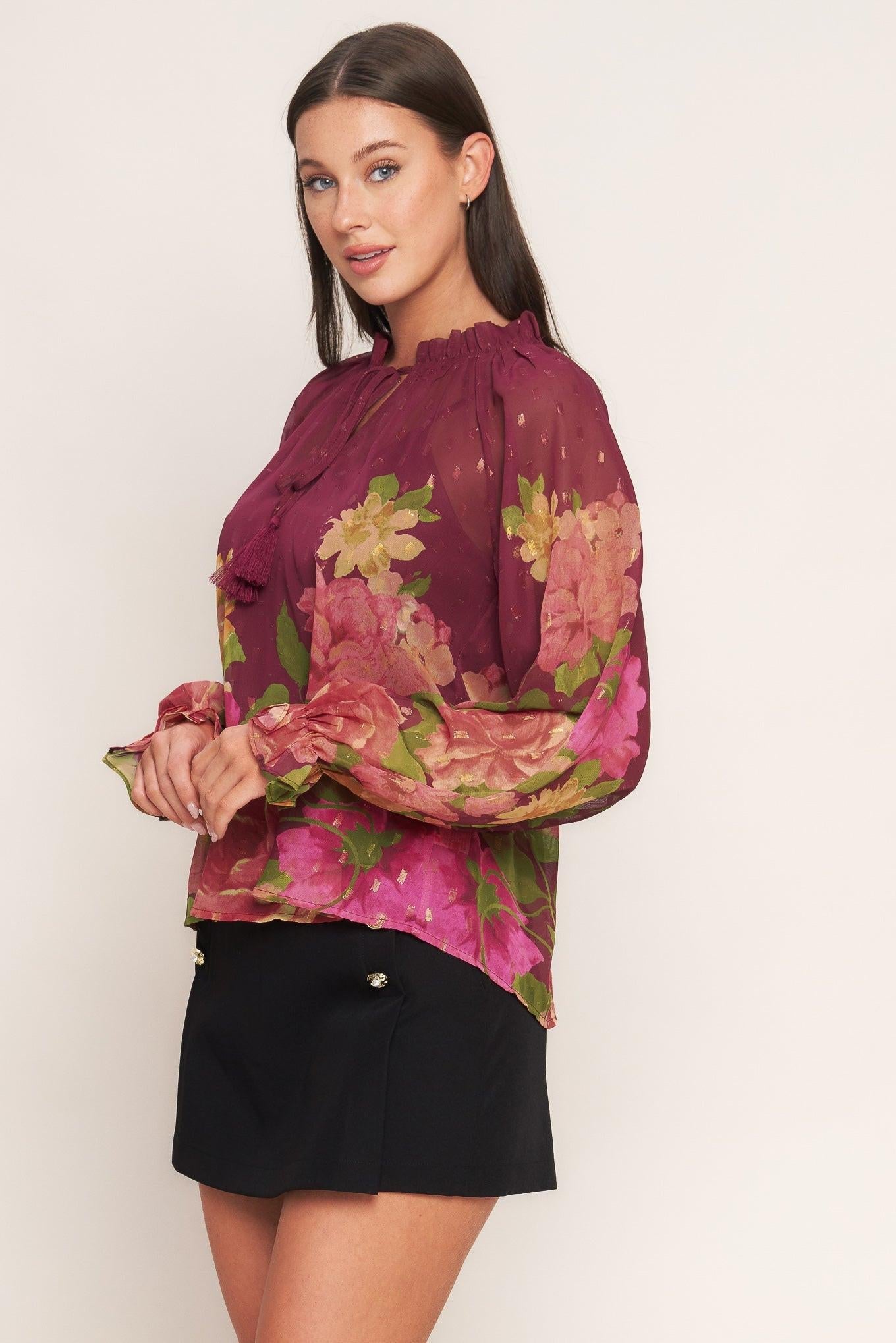 Flora Romantica Woven Top in burgundy, view 6 — Soul Flow Apparel